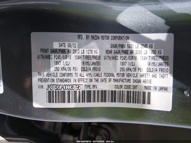 Продажа на аукционе авто 2012 Mazda Cx-9 Touring, vin: JM3TB2CA0C0367967, номер лота: 44835615