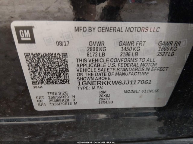 Aukcja sprzedaży 2018 Chevrolet Traverse Premier, vin: 1GNERKKW6JJ117061, numer aukcji: 44835633