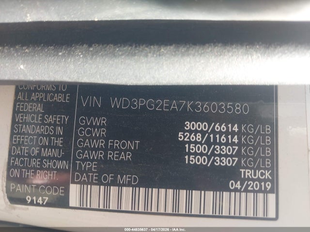 44835637 :رقم المزاد ، WD3PG2EA7K3603580 vin ، 2019 Mercedes-benz Metris مزاد بيع