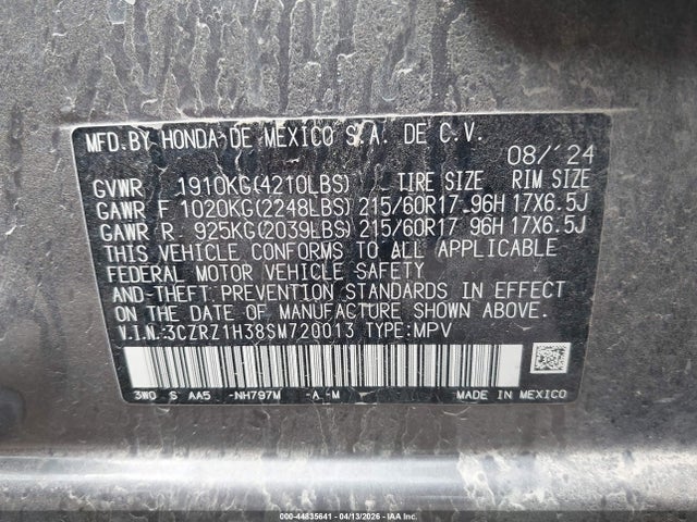 Продажа на аукционе авто 2025 Honda Hr-v 2wd Lx, vin: 3CZRZ1H38SM720013, номер лота: 44835641