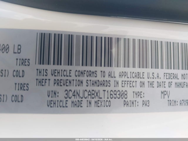 Продаж на аукціоні авто 2020 Jeep Compass Sport Fwd, vin: 3C4NJCABXLT169308, номер лоту: 44835642