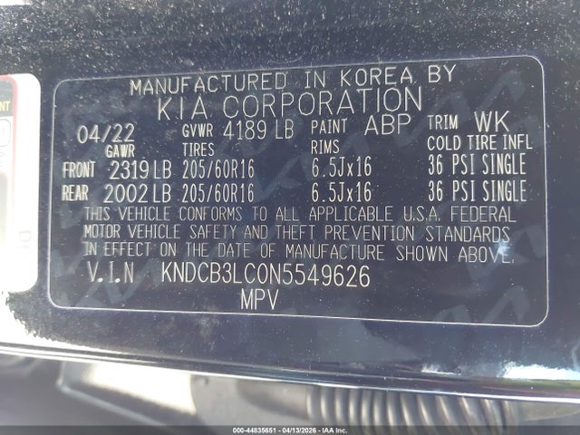2022 Kia Niro Lxs მანქანა იყიდება აუქციონზე, vin: KNDCB3LC0N5549626, აუქციონის ნომერი: 44835651
