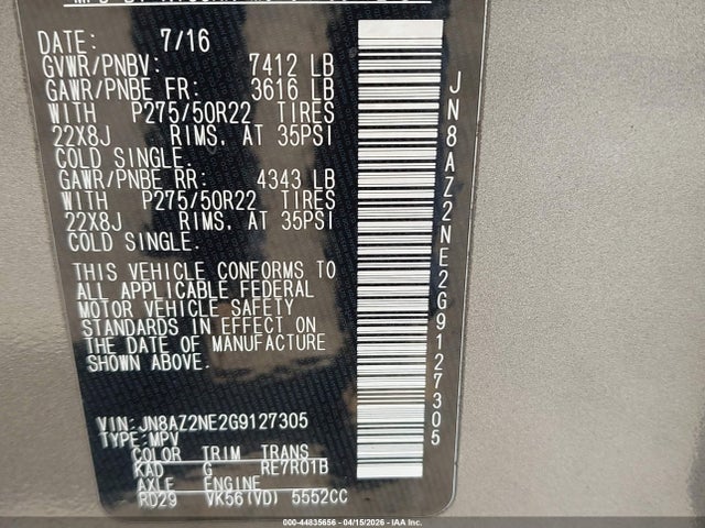 Aukcja sprzedaży 2016 Infiniti Qx80, vin: JN8AZ2NE2G9127305, numer aukcji: 44835656