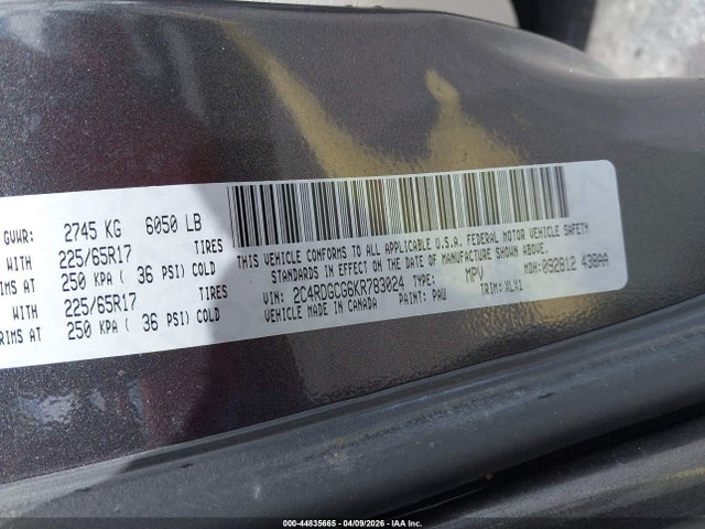 Продаж на аукціоні авто 2019 Dodge Grand Caravan Sxt, vin: 2C4RDGCG6KR783024, номер лоту: 44835665