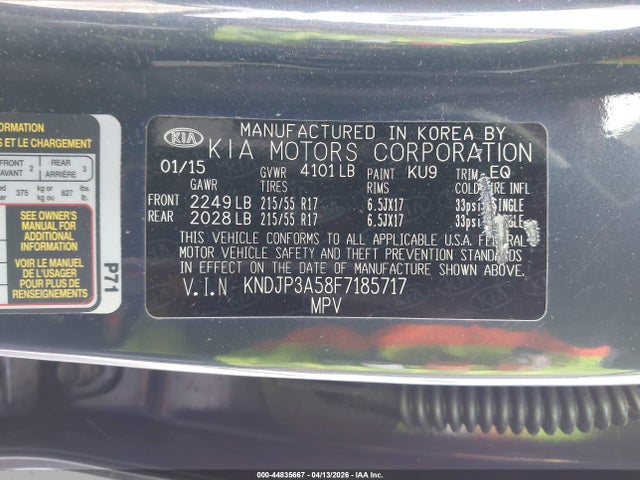 44835667 :رقم المزاد ، KNDJP3A58F7185717 vin ، 2015 Kia Soul + مزاد بيع