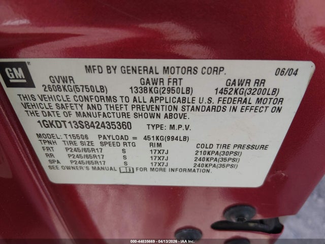 Продаж на аукціоні авто 2004 Gmc Envoy Slt, vin: 1GKDT13S842435360, номер лоту: 44835669