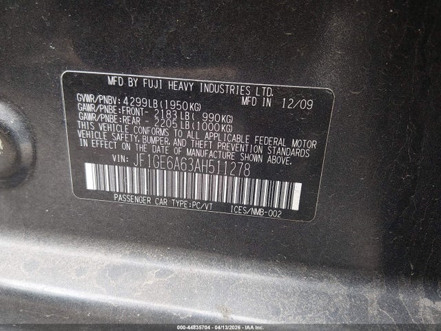 44835704 :رقم المزاد ، JF1GE6A63AH511278 vin ، 2010 Subaru Impreza 2.5i مزاد بيع