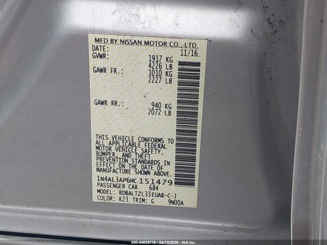 44835719 :رقم المزاد ، 1N4AL3AP6HC151479 vin ، 2017 Nissan Altima 2.5 Sl مزاد بيع