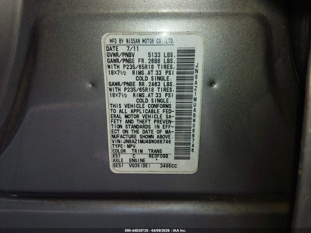 2011 Nissan Murano S მანქანა იყიდება აუქციონზე, vin: JN8AZ1MU4BW066746, აუქციონის ნომერი: 44835728
