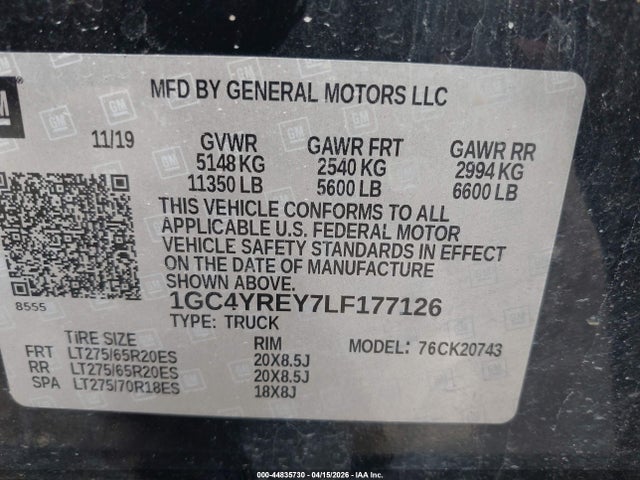 44835730 :رقم المزاد ، 1GC4YREY7LF177126 vin ، 2020 Chevrolet Silverado 2500hd 4wd  Standard Bed High Country مزاد بيع