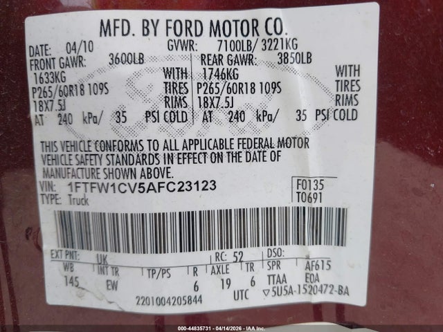 Продажа на аукционе авто 2010 Ford F-150 Fx2 Sport/harley-davidson/king Ranch/lariat/platinum/xl/xlt, vin: 1FTFW1CV5AFC23123, номер лота: 44835731