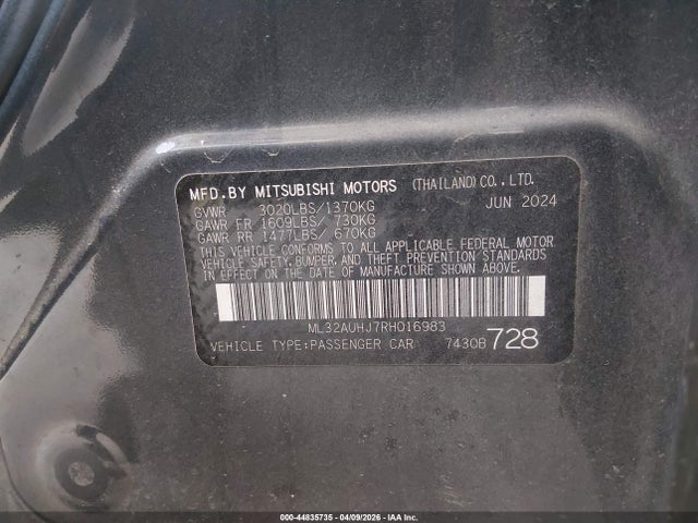 Продаж на аукціоні авто 2024 Mitsubishi Mirage Es/le, vin: ML32AUHJ7RH016983, номер лоту: 44835735