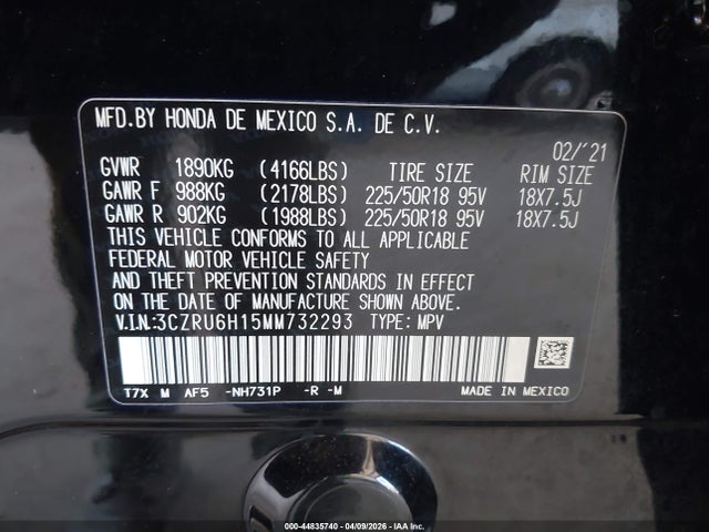 3CZRU6H15MM732293 Honda Hr-v Awd Sport