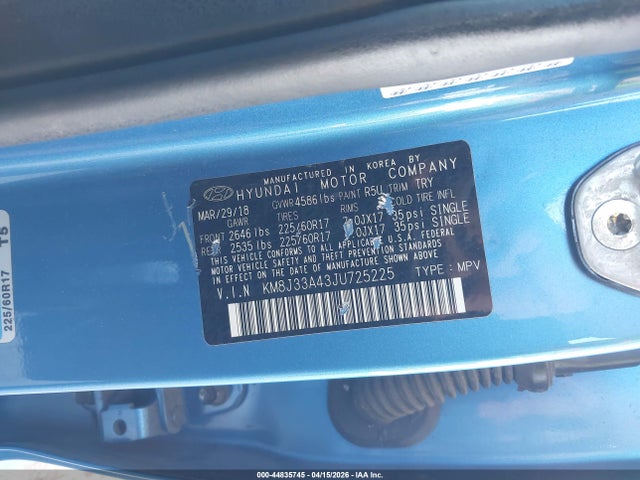 Aukcja sprzedaży 2018 Hyundai Tucson Sel, vin: KM8J33A43JU725225, numer aukcji: 44835745