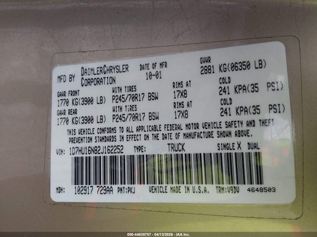 Aukcja sprzedaży 2002 Dodge Ram 1500 St, vin: 1D7HU16N82J162252, numer aukcji: 44835757