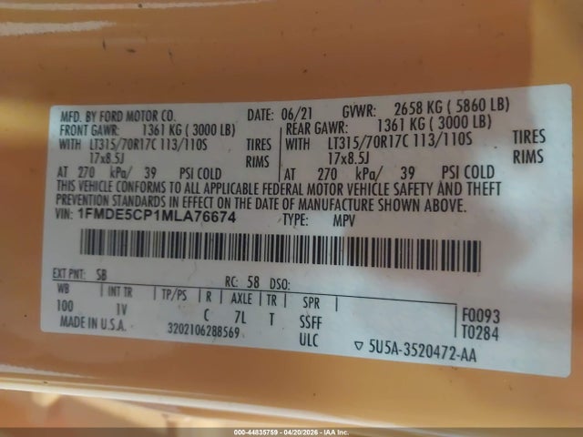 2021 Ford Bronco Badlands მანქანა იყიდება აუქციონზე, vin: 1FMDE5CP1MLA76674, აუქციონის ნომერი: 44835759