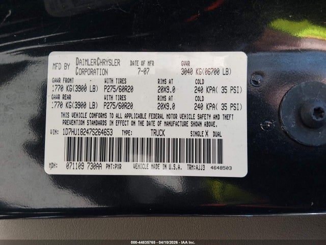 Продажа на аукционе авто 2007 Dodge Ram 1500 Slt/trx4 Off Road/sport, vin: 1D7HU18247S264653, номер лота: 44835765