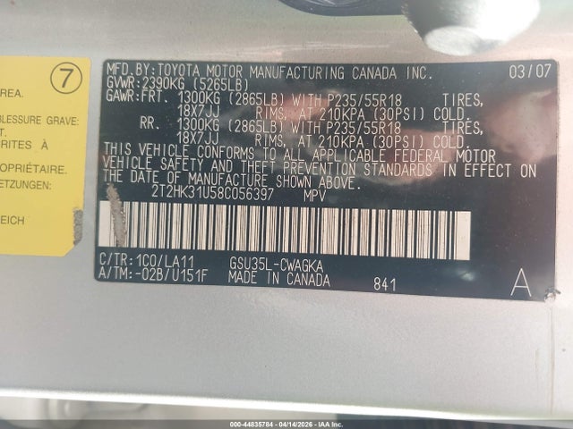 44835784 :رقم المزاد ، 2T2HK31U58C056397 vin ، 2008 Lexus Rx 350 مزاد بيع