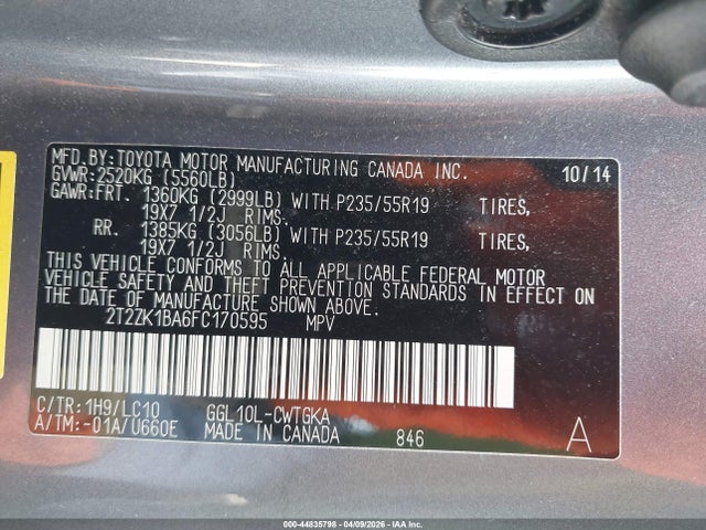44835798 :رقم المزاد ، 2T2ZK1BA6FC170595 vin ، 2015 Lexus Rx 350 مزاد بيع