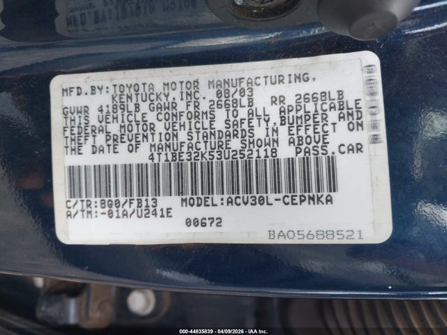 Продажа на аукционе авто 2003 Toyota Camry Le, vin: 4T1BE32K53U252118, номер лота: 44835839