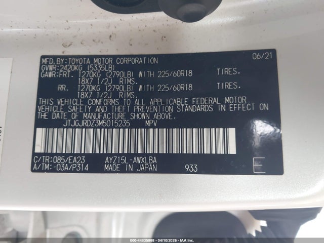 Aukcja sprzedaży 2021 Lexus Nx 300h, vin: JTJGJRDZ3M5015235, numer aukcji: 44835868