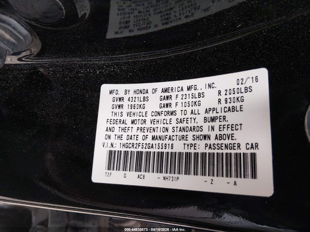 Aukcja sprzedaży 2016 Honda Accord Sport, vin: 1HGCR2F52GA155916, numer aukcji: 44835873