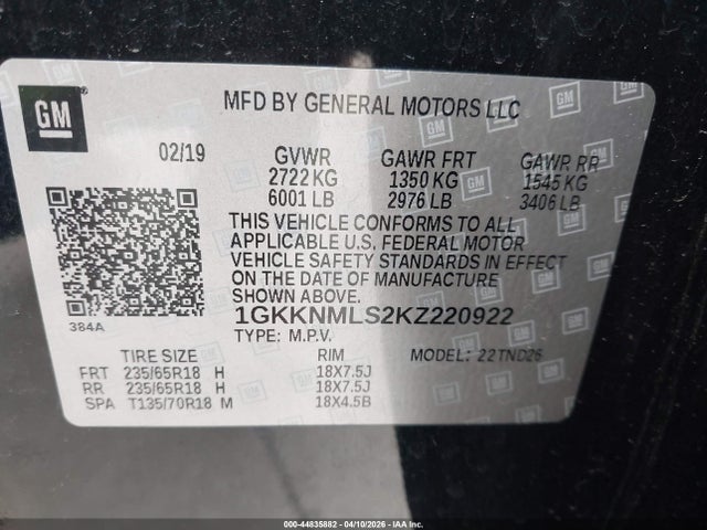 44835882 :رقم المزاد ، 1GKKNMLS2KZ220922 vin ، 2019 Gmc Acadia Slt-1 مزاد بيع