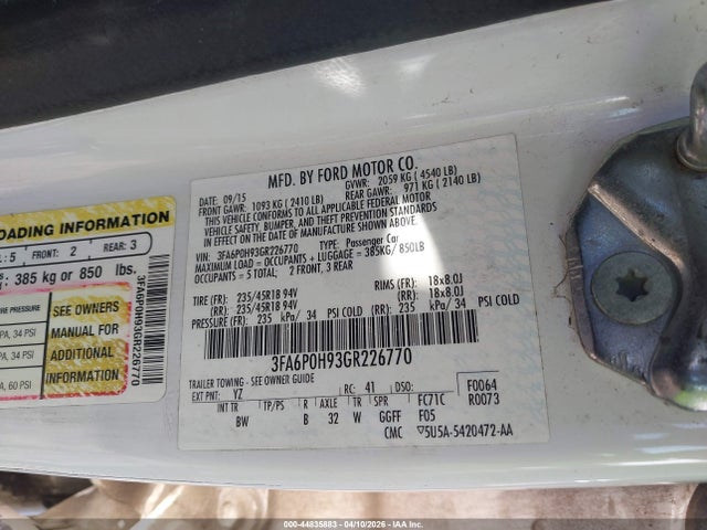 44835883 :رقم المزاد ، 3FA6P0H93GR226770 vin ، 2016 Ford Fusion Se مزاد بيع
