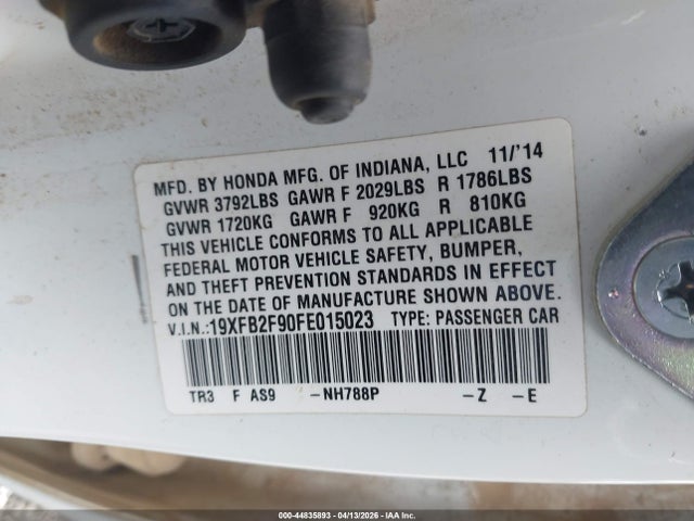 2015 Honda Civic Ex-l მანქანა იყიდება აუქციონზე, vin: 19XFB2F90FE015023, აუქციონის ნომერი: 44835893