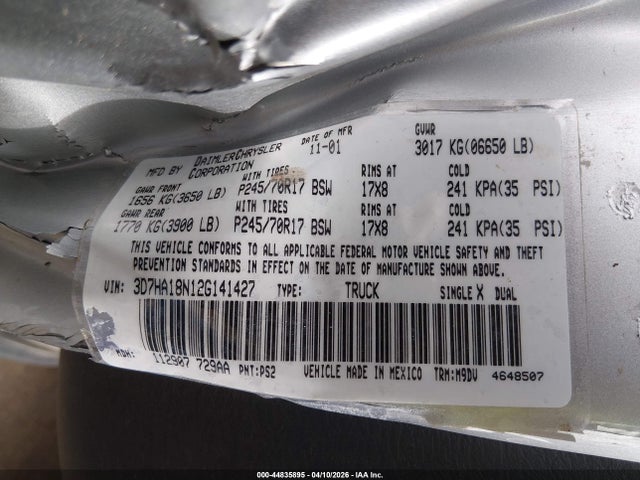 44835895 :رقم المزاد ، 3D7HA18N12G141427 vin ، 2002 Dodge Ram 1500 St مزاد بيع