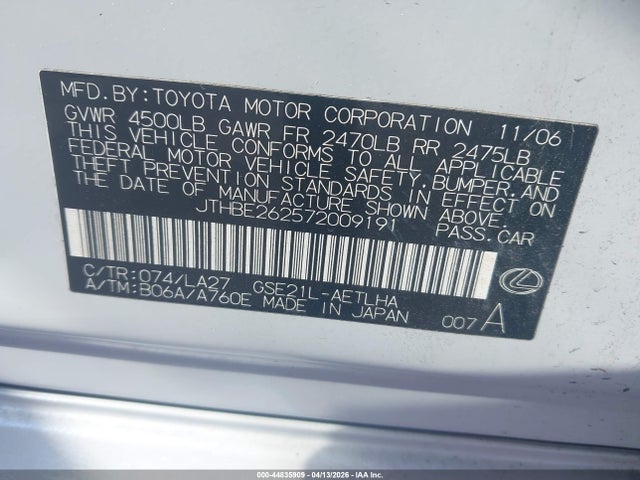 Продажа на аукционе авто 2007 Lexus Is 350, vin: JTHBE262572009191, номер лота: 44835909