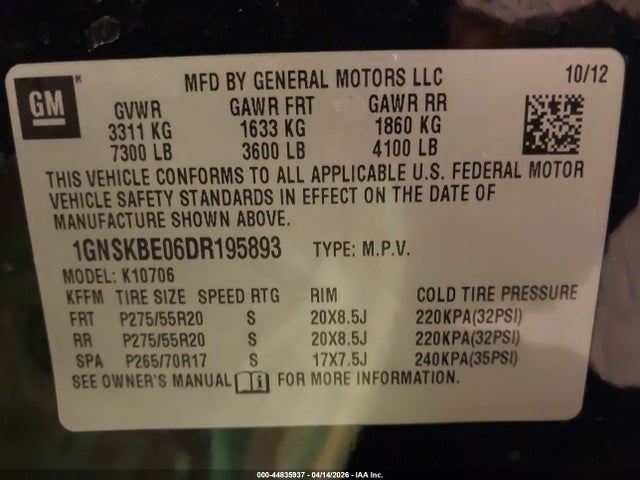 2013 Chevrolet Tahoe Lt მანქანა იყიდება აუქციონზე, vin: 1GNSKBE06DR195893, აუქციონის ნომერი: 44835937