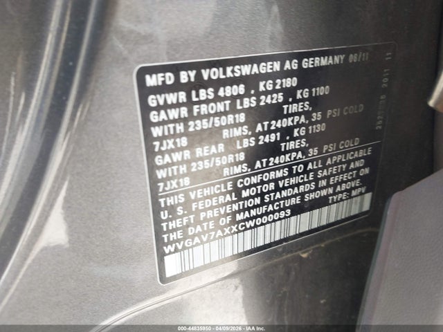 2012 Volkswagen Tiguan Se მანქანა იყიდება აუქციონზე, vin: WVGAV7AXXCW000093, აუქციონის ნომერი: 44835950