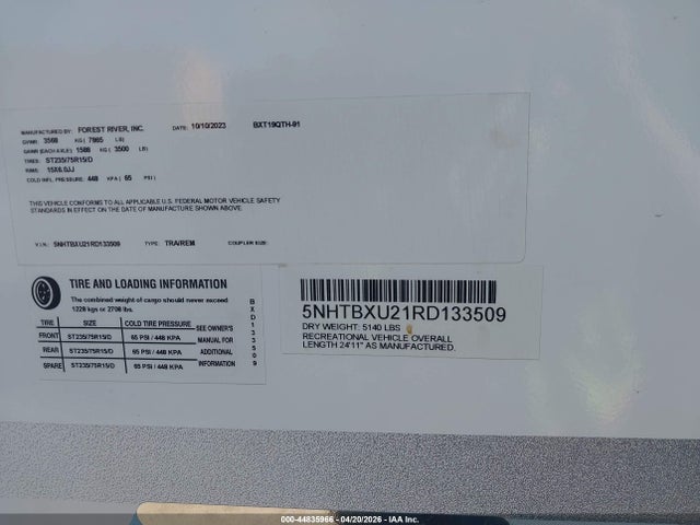 Продаж на аукціоні авто 2024 Forest River Other, vin: 5NHTBXU21RD133509, номер лоту: 44835966