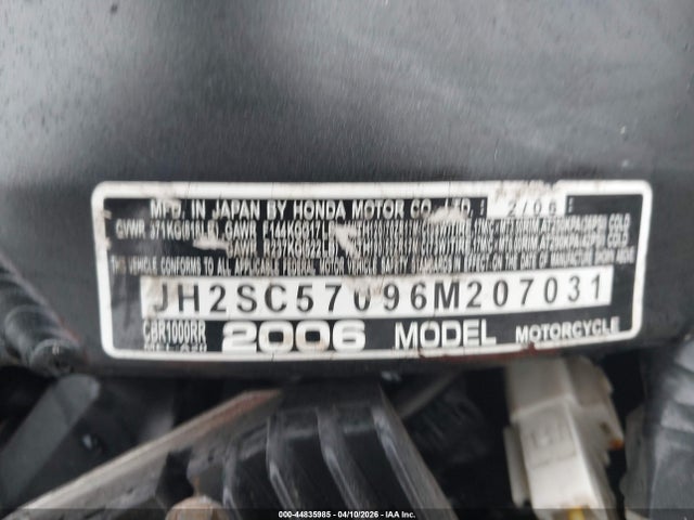 2006 Honda Cbr1000 Rr მანქანა იყიდება აუქციონზე, vin: JH2SC57096M207031, აუქციონის ნომერი: 44835985