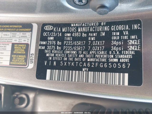 KIA SORENTO LX 2015 5XYKTCA62FG650567 Image 9