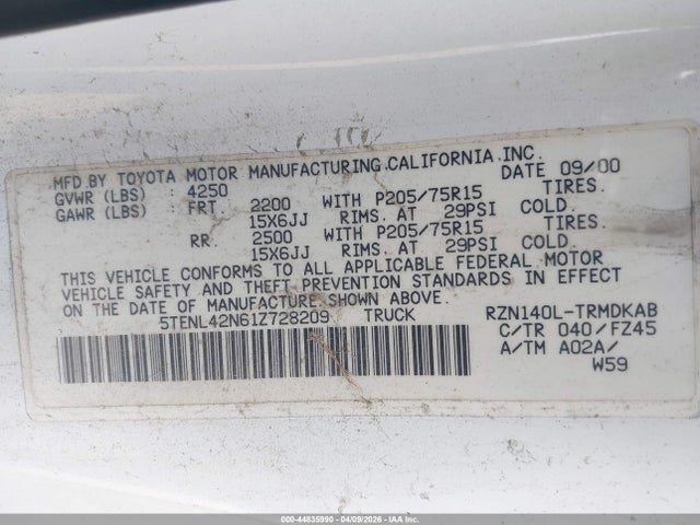 2001 TOYOTA TACOMA 5TENL42N61Z728209 Photo 8