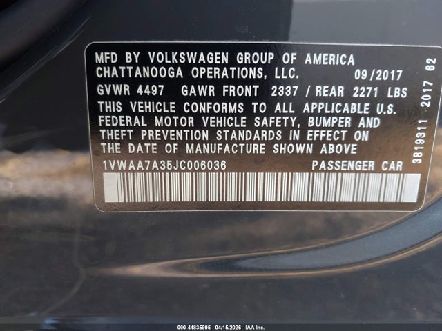 Продаж на аукціоні авто 2018 Volkswagen Passat, vin: 1VWAA7A35JC006036, номер лоту: 44835995