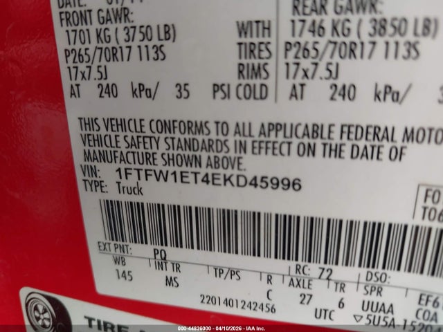 2014 Ford F-150 Xlt მანქანა იყიდება აუქციონზე, vin: 1FTFW1ET4EKD45996, აუქციონის ნომერი: 44836000