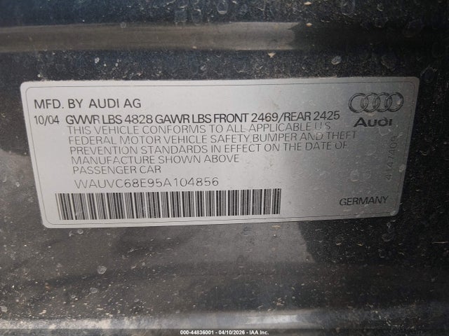 44836001 :رقم المزاد ، WAUVC68E95A104856 vin ، 2005 Audi A4 1.8t Avant Special Edition مزاد بيع