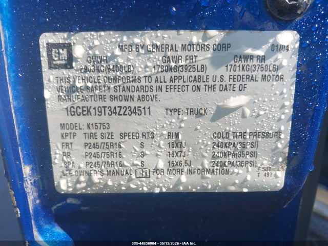 Продаж на аукціоні авто 2004 Chevrolet Silverado 1500 Ls, vin: 1GCEK19T34Z234511, номер лоту: 44836004