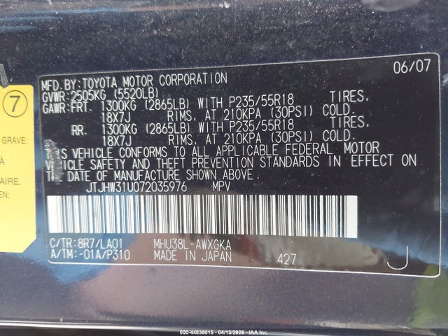 44836015 :رقم المزاد ، JTJHW31U072035976 vin ، 2007 Lexus Rx 400h مزاد بيع