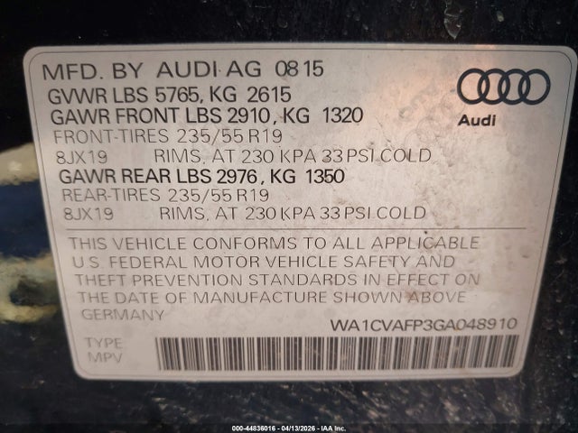 Продаж на аукціоні авто 2016 Audi Q5 3.0 Tdi Premium Plus, vin: WA1CVAFP3GA048910, номер лоту: 44836016