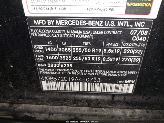 44836019 :رقم المزاد ، 4JGBB72E19A450733 vin ، 2009 Mercedes-benz Ml 550 4matic مزاد بيع