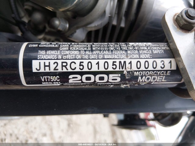 2005 Honda Vt750 C მანქანა იყიდება აუქციონზე, vin: JH2RC50105M100031, აუქციონის ნომერი: 44836021
