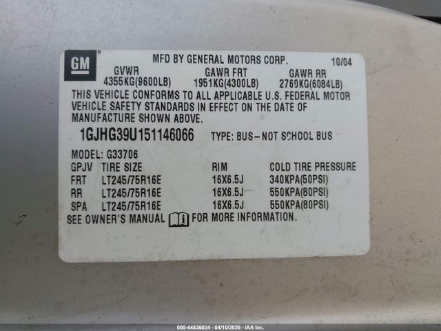 Продажа на аукционе авто 2005 Gmc Savana Standard, vin: 1GJHG39U151146066, номер лота: 44836024