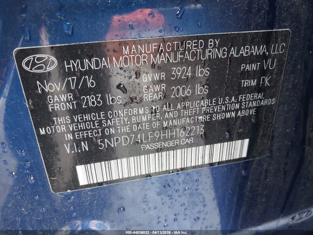 2017 Hyundai Elantra Se მანქანა იყიდება აუქციონზე, vin: 5NPD74LF9HH162213, აუქციონის ნომერი: 44836032