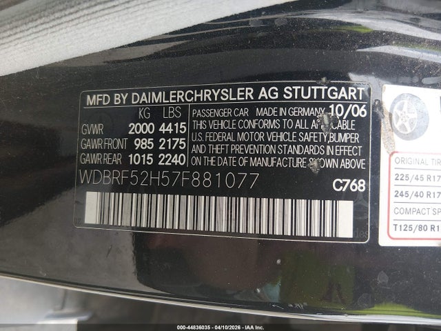 Продаж на аукціоні авто 2007 Mercedes-benz C 230 Sport, vin: WDBRF52H57F881077, номер лоту: 44836035