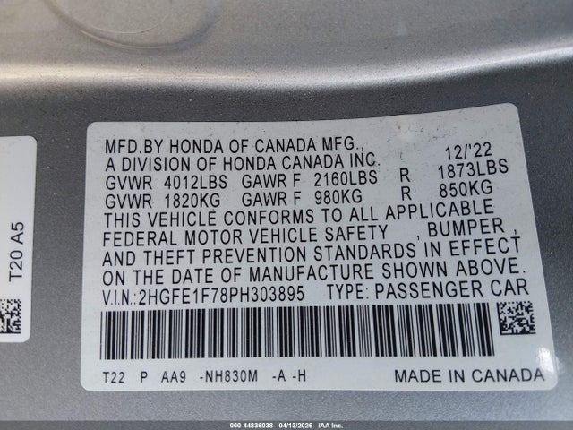 Продаж на аукціоні авто 2023 Honda Civic Ex/ex W/o Bsi, vin: 2HGFE1F78PH303895, номер лоту: 44836038