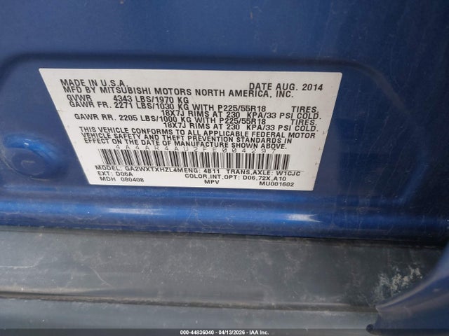 44836040 :رقم المزاد ، 4A4AR4AU2FE004297 vin ، 2015 Mitsubishi Outlander Sport Se مزاد بيع